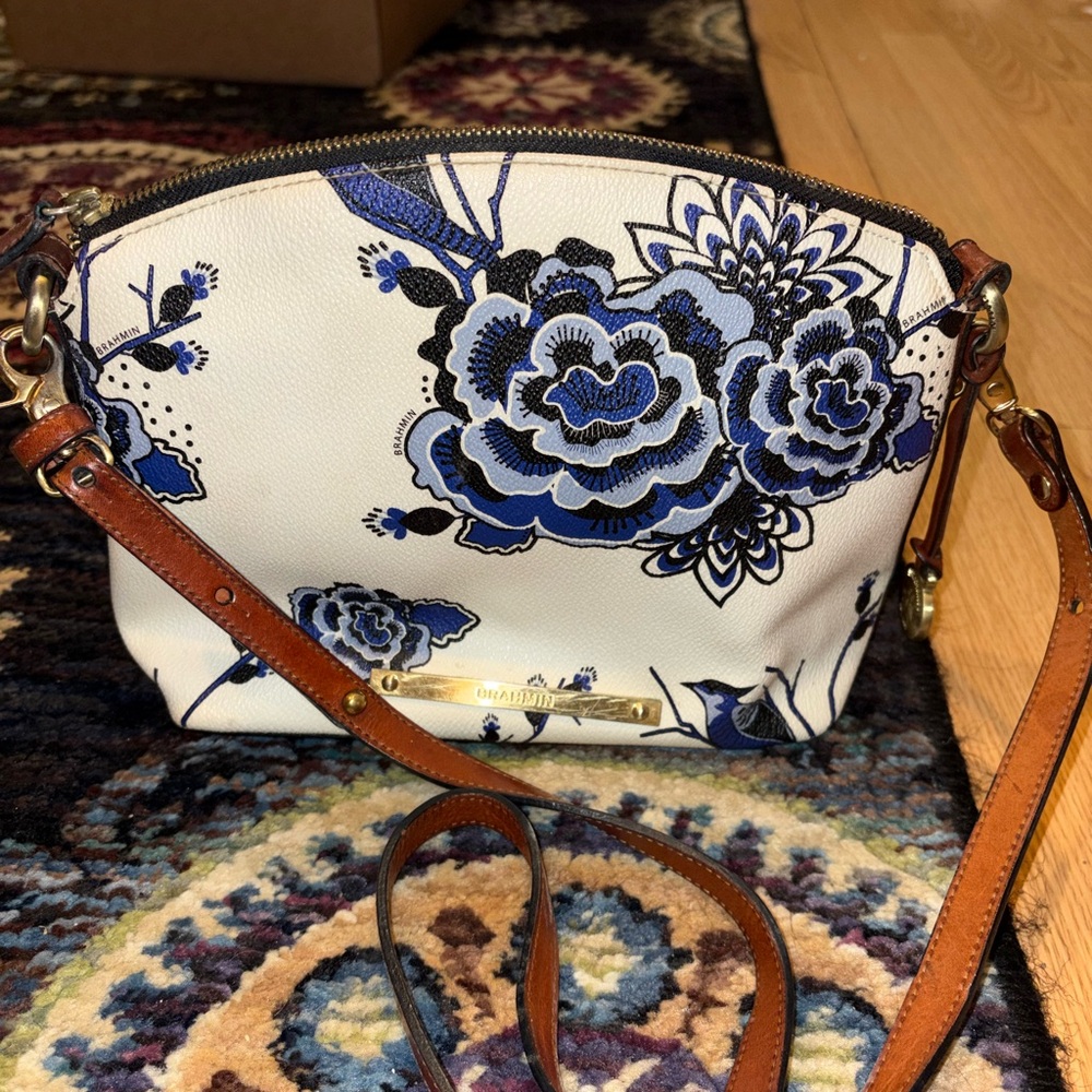 Brahmin Blue and Brown Floral Crossbody Bag